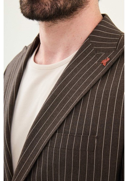 Çizgili Kahverengi Slim Fit Geniş Yaka Erkek Ceket fiyatları