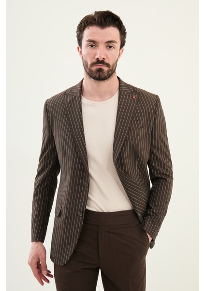Çizgili Kahverengi Slim Fit Geniş Yaka Erkek Ceket fırsatları