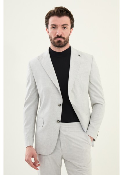 Desenli Taş Rengi Slim Fit Geniş Yaka Erkek Takım Elbise