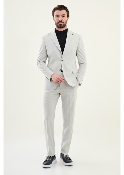 Desenli Taş Rengi Slim Fit Geniş Yaka Erkek Takım Elbise modelleri