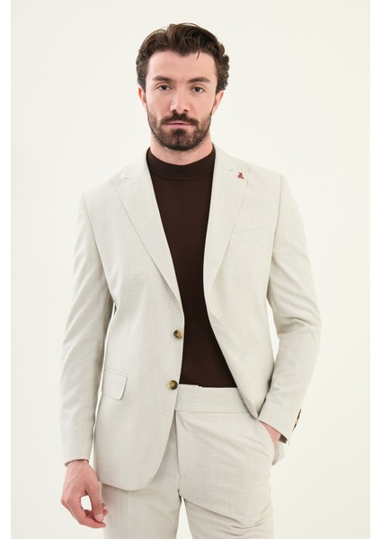 Desenli Bej Slim Fit Geniş Yaka Erkek Takım Elbise