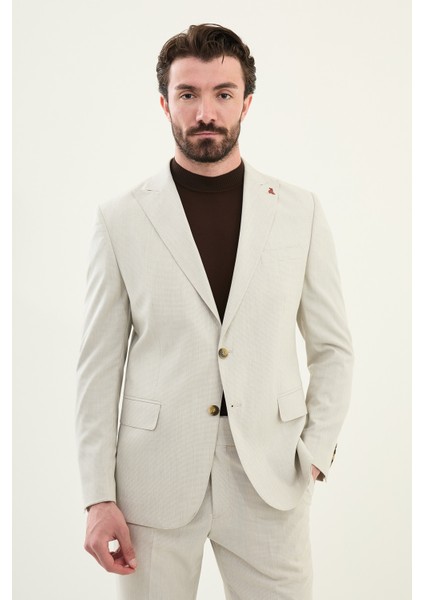 Desenli Bej Slim Fit Geniş Yaka Erkek Takım Elbise fırsatları