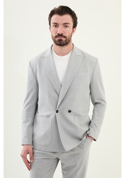Düz Gri Oversize Geniş Yaka Kruvaze Erkek Takım Elbise
