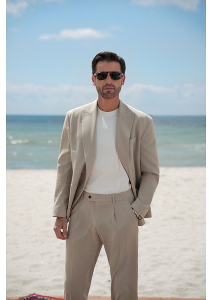 Düz Bej Oversize Geniş Yaka Kruvaze Erkek Takım Elbise fiyatları