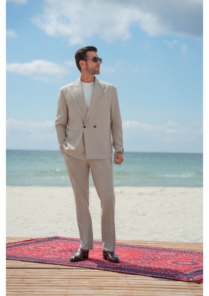 Düz Bej Oversize Geniş Yaka Kruvaze Erkek Takım Elbise fırsatları