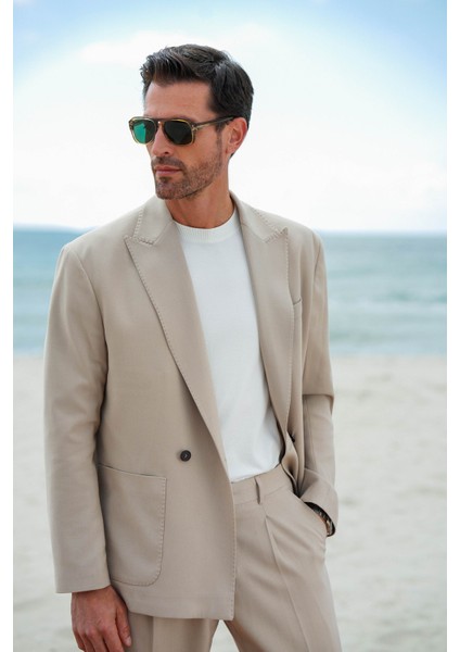 Düz Bej Oversize Geniş Yaka Kruvaze Erkek Takım Elbise indirimleri