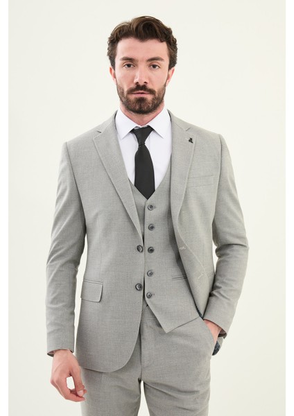 Desenli Gri Slim Fit Mono Yaka Erkek Takım Elbise