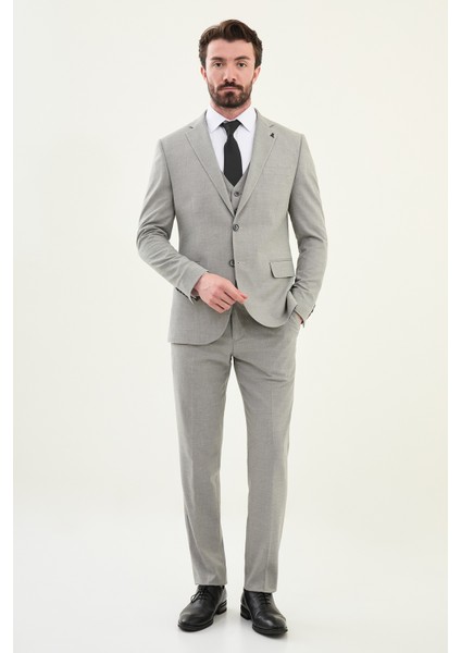 Desenli Gri Slim Fit Mono Yaka Erkek Takım Elbise modelleri