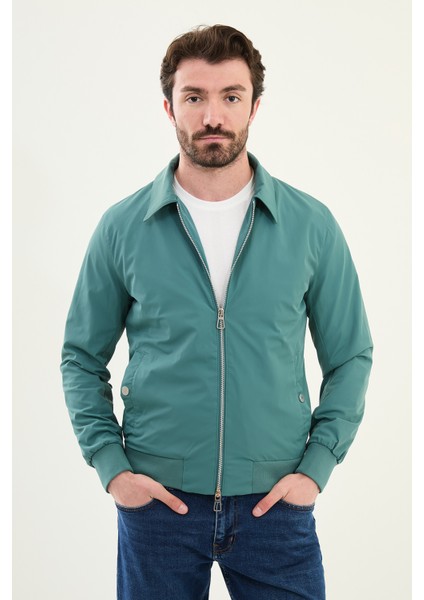 Düz Slim Fit Gömlek Yaka Çift Fermuar Erkek Mont