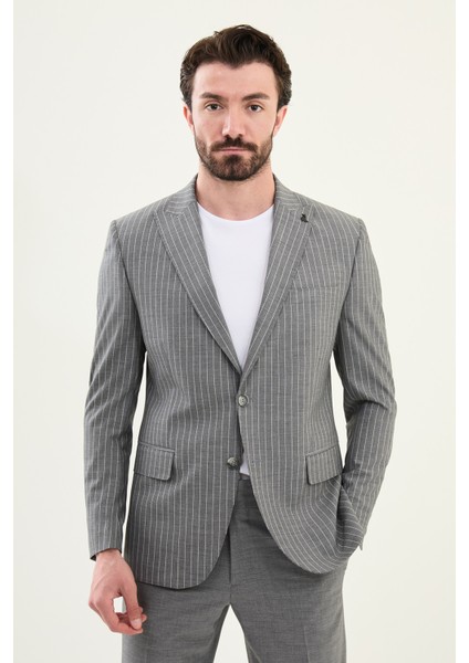 Çizgili Gri Slim Fit Geniş Yaka Erkek Ceket fırsatları