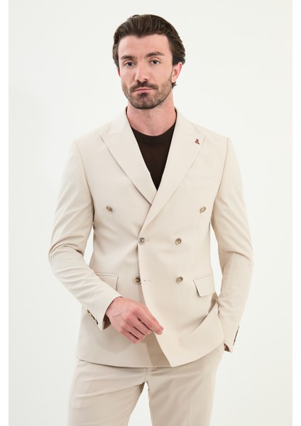 Düz Slim Fit Geniş Yaka Kruvaze Erkek Takım Elbise