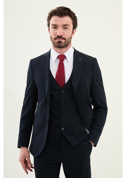 Düz Lacivert Slim Fit Mono Yaka Erkek Takım Elbise
