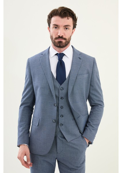 Desenli Lacivert Slim Fit Mono Yaka Erkek Takım Elbise