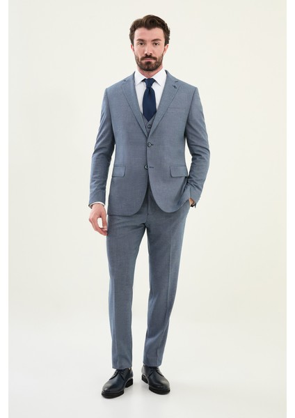 Desenli Lacivert Slim Fit Mono Yaka Erkek Takım Elbise modelleri