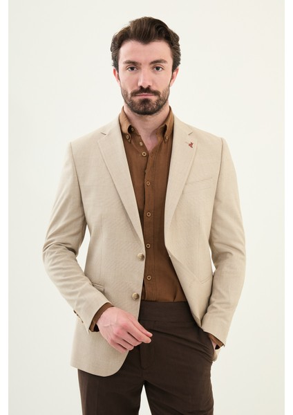 Ekoseli Vizon Rengi Slim Fit Mono Yaka Erkek Ceket