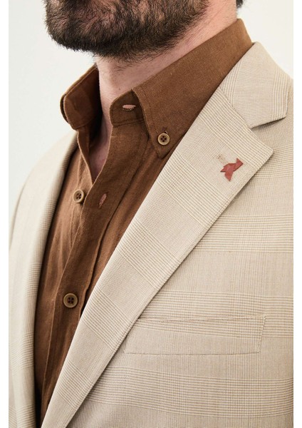 Ekoseli Vizon Rengi Slim Fit Mono Yaka Erkek Ceket fiyatları