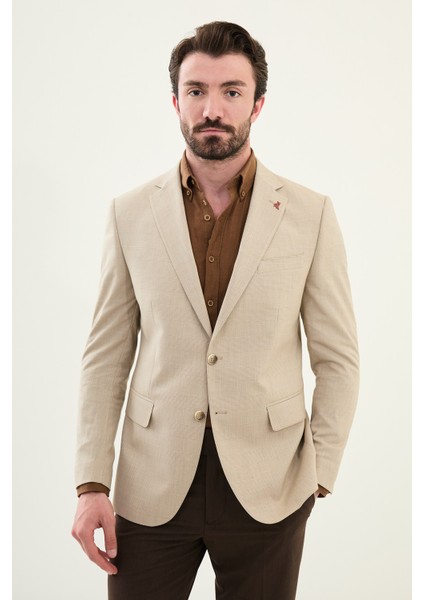 Ekoseli Vizon Rengi Slim Fit Mono Yaka Erkek Ceket fırsatları