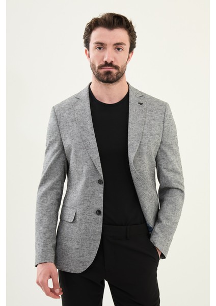 Kırçıllı Siyah Slim Fit Mono Yaka Keten Erkek Ceket
