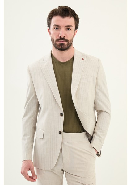 Çizgili Taş Rengi Slim Fit Geniş Yaka Erkek Ceket