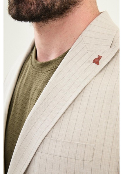 Çizgili Taş Rengi Slim Fit Geniş Yaka Erkek Ceket fiyatları