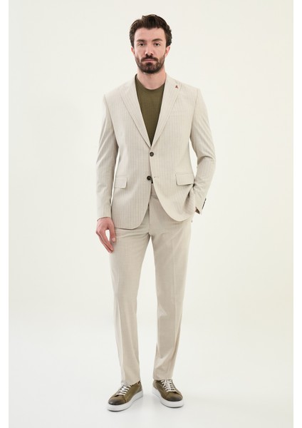 Çizgili Taş Rengi Slim Fit Geniş Yaka Erkek Ceket modelleri