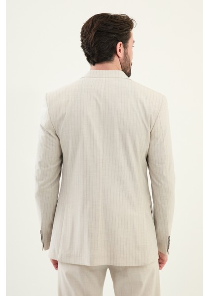 Çizgili Taş Rengi Slim Fit Geniş Yaka Erkek Ceket indirimleri