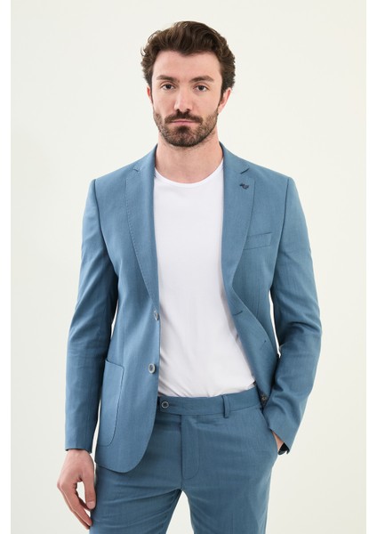 Desenli Indigo Slim Fit Torba Cep Mono Yaka Erkek Takım Elbise