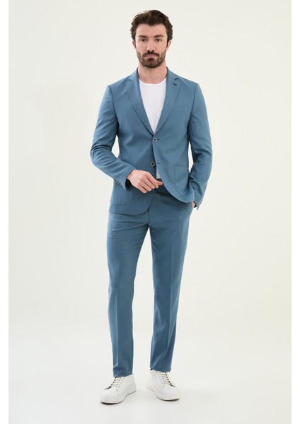 Desenli Indigo Slim Fit Torba Cep Mono Yaka Erkek Takım Elbise modelleri