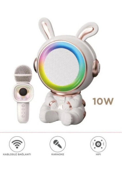 Taşınabilir Rgb Işılı Sevimli Figürlü Mikrofonlu Karaoke Bluetooth Hoparlör Krem