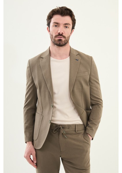 Çizgili Haki Slim Fit Torba Cep Mono Yaka Erkek Ceket