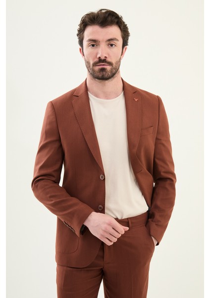 Desenli Kiremit Slim Fit Torba Cep Mono Yaka Erkek Takım Elbise