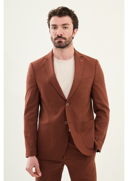 Desenli Kiremit Slim Fit Torba Cep Mono Yaka Erkek Takım Elbise fırsatları