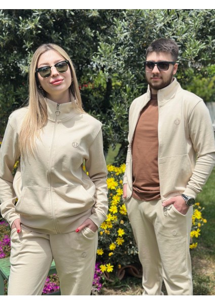 Double Face Modal Kumaş Fermuarlı Unisex Sweat&alt Krem Eşofman Takımı