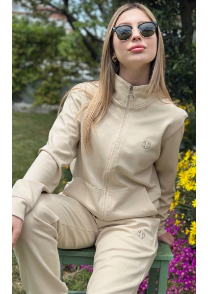 Double Face Modal Kumaş Fermuarlı Unisex Sweat&alt Krem Eşofman Takımı modelleri