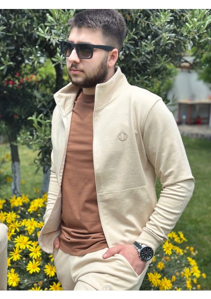 Double Face Modal Kumaş Fermuarlı Unisex Sweat&alt Krem Eşofman Takımı fırsatları