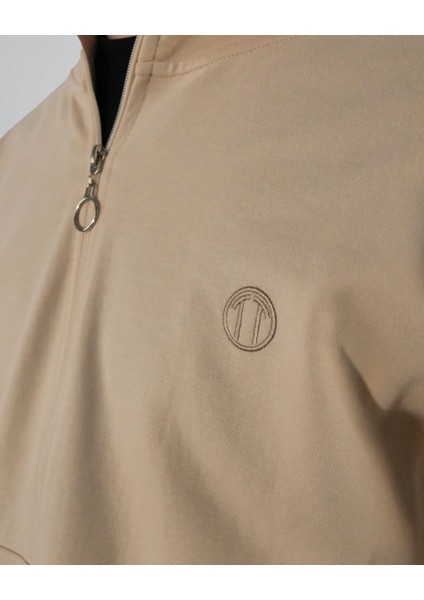 Double Face Modal Kumaş Fermuarlı Unisex Sweat&alt Krem Eşofman Takımı