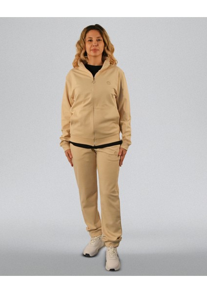 Double Face Modal Kumaş Fermuarlı Unisex Sweat&alt Krem Eşofman Takımı