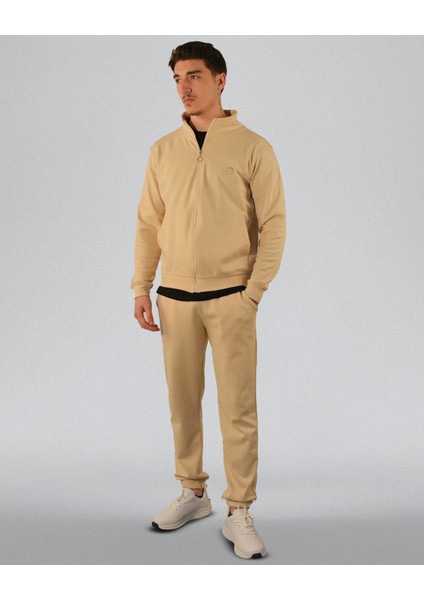 Double Face Modal Kumaş Fermuarlı Unisex Sweat&alt Krem Eşofman Takımı