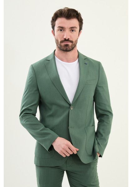 Desenli Yeşil Slim Fit Torba Cep Mono Yaka Erkek Takım Elbise