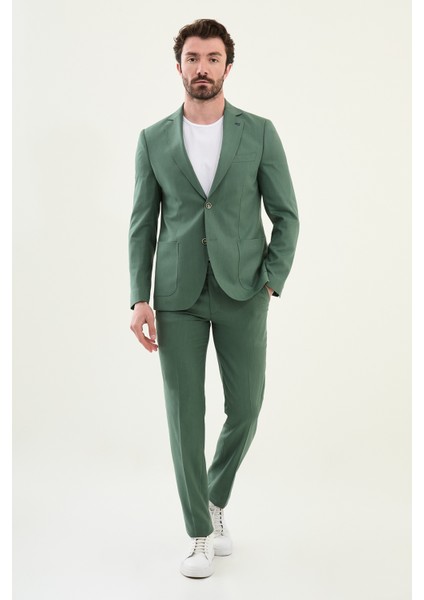 Desenli Yeşil Slim Fit Torba Cep Mono Yaka Erkek Takım Elbise modelleri