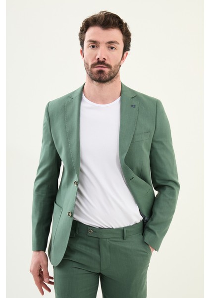 Desenli Yeşil Slim Fit Torba Cep Mono Yaka Erkek Takım Elbise fırsatları