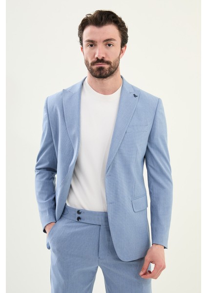 Desenli Mavi Slim Fit Geniş Yaka Erkek Takım Elbise