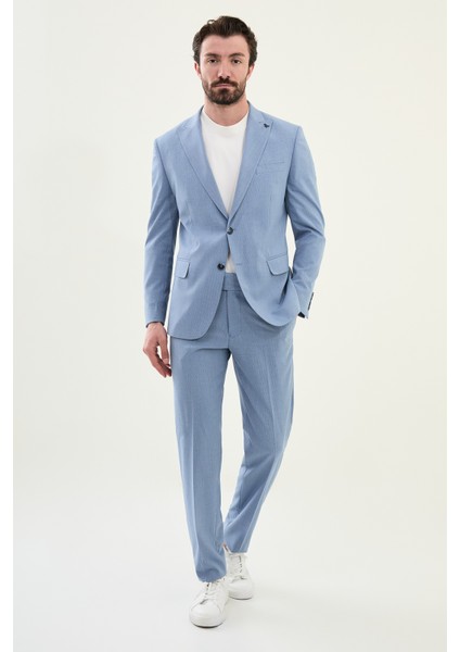 Desenli Mavi Slim Fit Geniş Yaka Erkek Takım Elbise modelleri