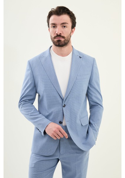 Desenli Mavi Slim Fit Geniş Yaka Erkek Takım Elbise fırsatları