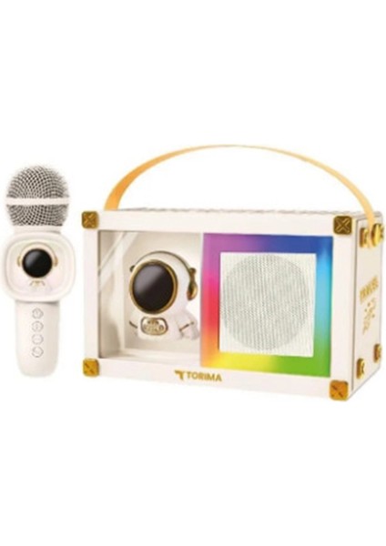 Taşınabilir Rgb Işılı Sevimli Figürlü Mikrofonlu Karaoke Bluetooth Hoparlör Krem