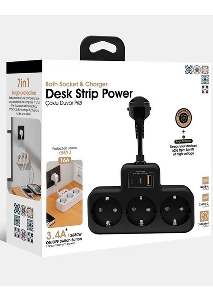 Çoklu Kablolu Priz Yüksek Gerilim Korumalı 3’lü Priz 1x USB 2x Type-C Çıkışlı Grup Priz Çoğaltıcı Siyah indirimleri