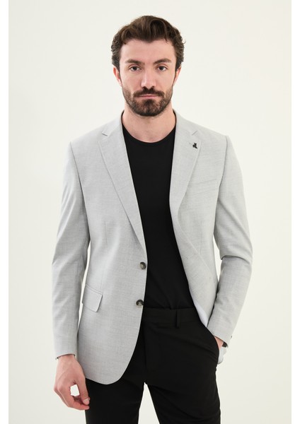 Ekoseli Gri Slim Fit Mono Yaka Erkek Ceket
