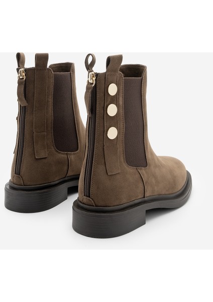 Kadın Altın Düğmeli Çift Lastikli Arkadan Fermuarlı Günlük Bot Valone