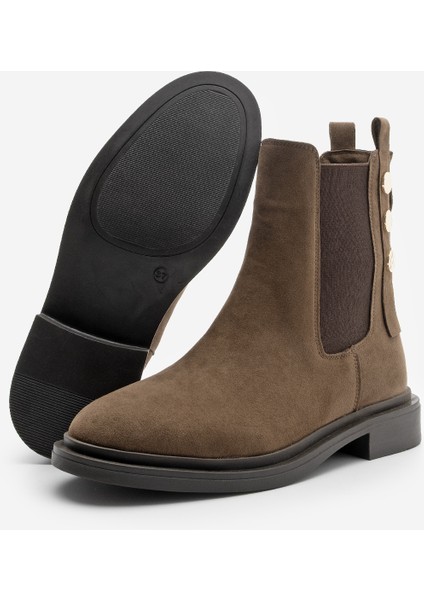 Kadın Altın Düğmeli Çift Lastikli Arkadan Fermuarlı Günlük Bot Valone