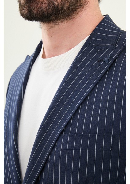 Çizgili Lacivert Slim Fit Geniş Yaka Erkek Ceket fiyatları